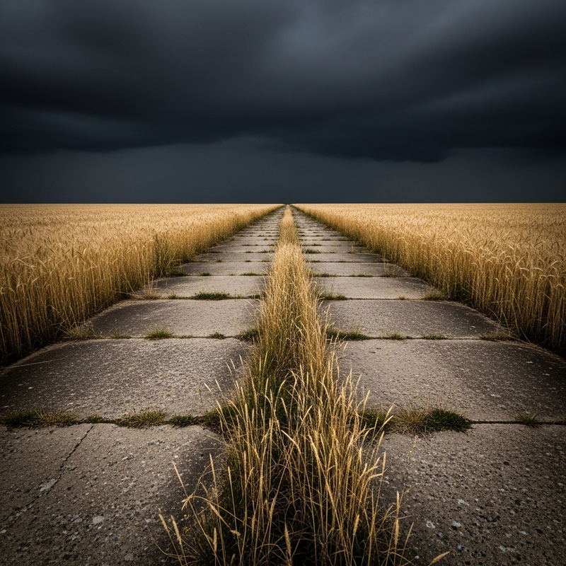 Black Sky Over Concrete Road with Wheat Fields