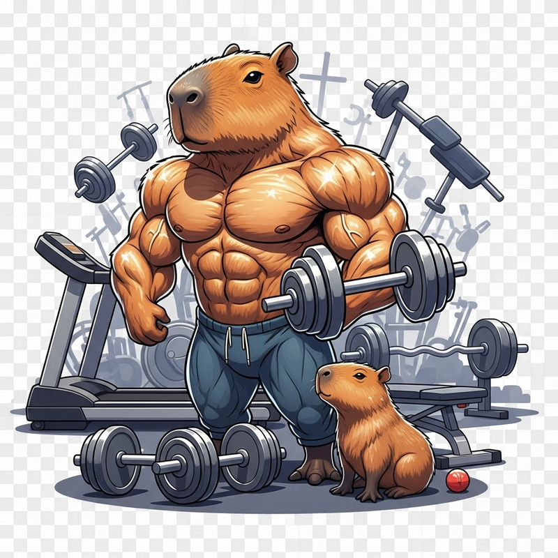Vibrant Muscular Capybara Cartoon Gym Scene with Dumbbells & Baby