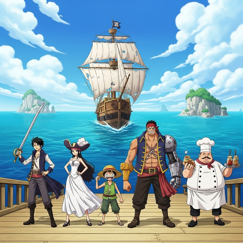 One Piece Adventure: Illustrated Pirate Scene with Eccentric Crew