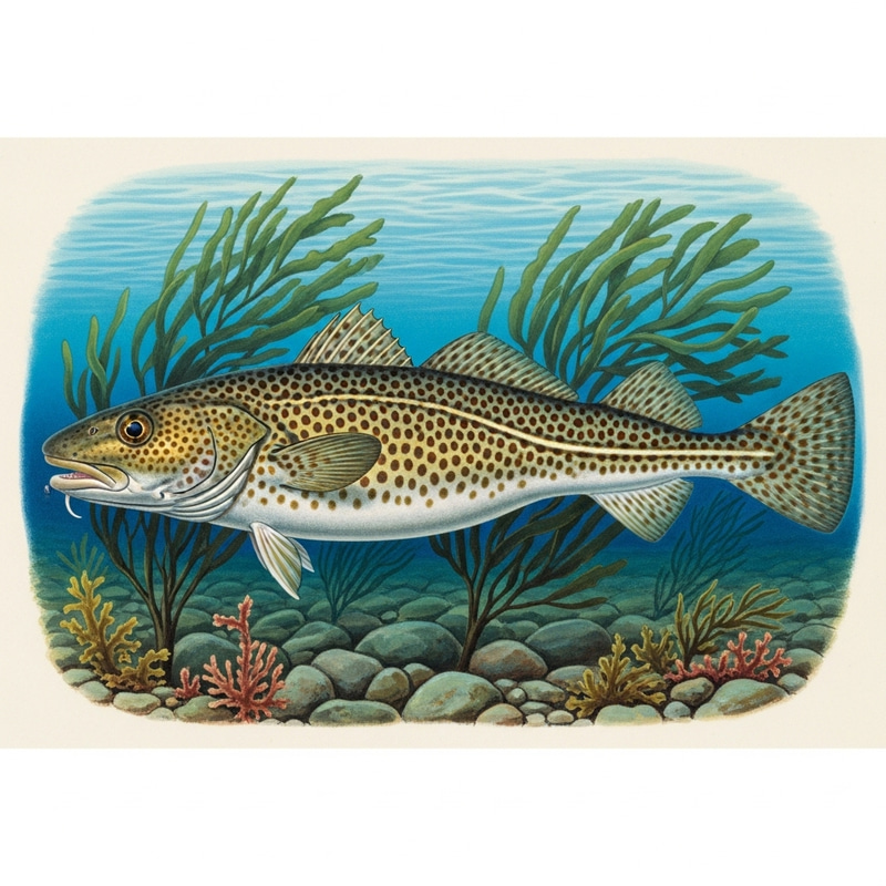 Norwegian Cod Fish: Detailed Scientific Illustration Underwater Norwegian Cod Fish: Detailed Scientific Illustration Underwater