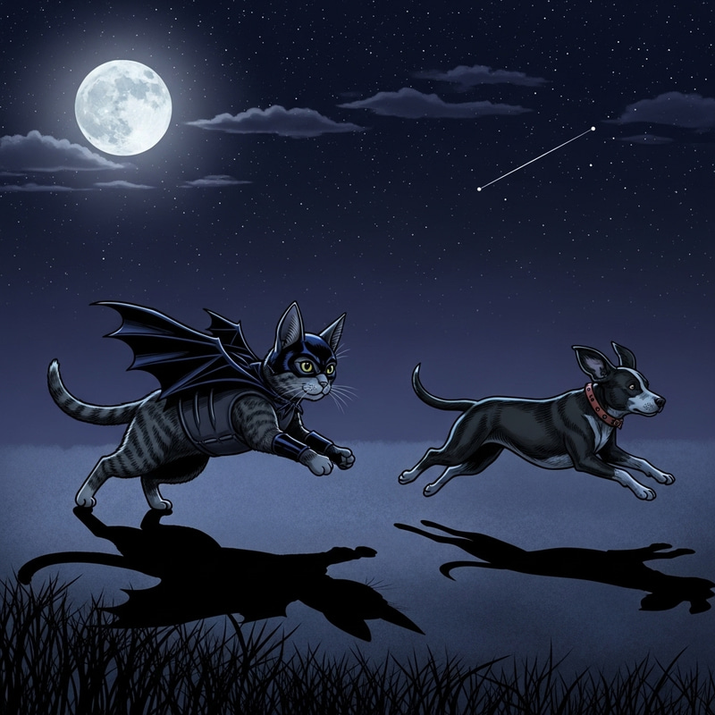 Cat in Batman Costume Chasing Dog at Night Cat in Batman Costume Chasing Dog at Night
