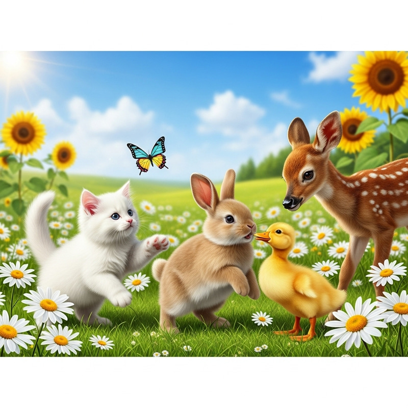 Cute Baby Animals Playing in Meadow Cute Baby Animals Playing in Meadow
