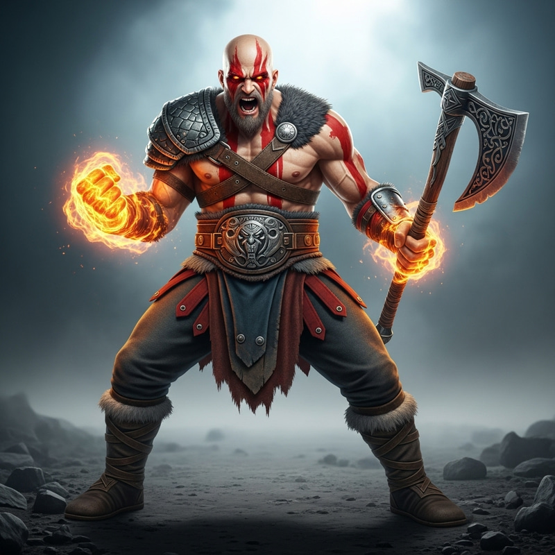 Kratos in Spartan Rage: God of War Ragnarok Fiery Energy Battle Axe Kratos in Spartan Rage: God of War Ragnarok Fiery Energy Battle Axe