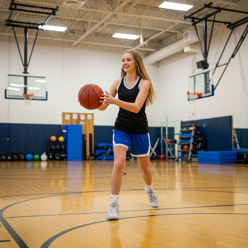 Smiling Blonde Girl Playing Basketball in Gym Smiling Blonde Girl Playing Basketball in Gym
