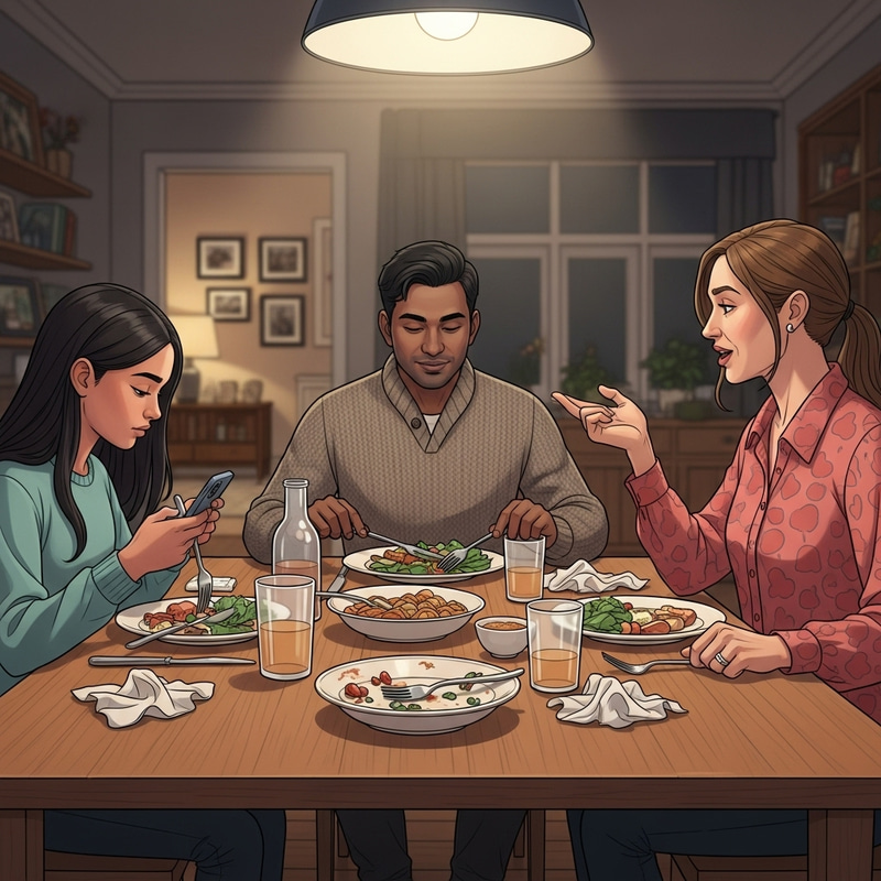 Modern Family Scene with Teenage Girl Eating and Using Phone