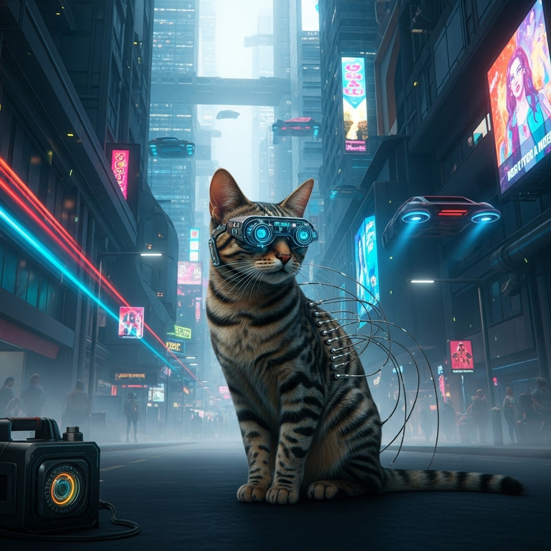 Cybernetic Cat in Neon Cyberpunk Alley - Futuristic Feline in Urban Dystopia