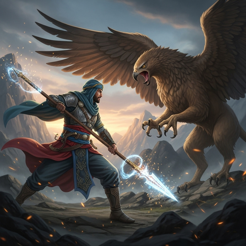 Mystical Spearman Faces Majestic Griffin in Epic Battle