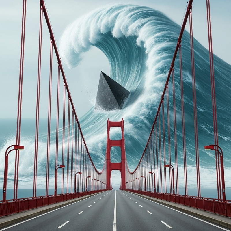 Iconic Red Bridge with Pyramidal Stone Facing Tsunami Wave Iconic Red Bridge with Pyramidal Stone Facing Tsunami Wave