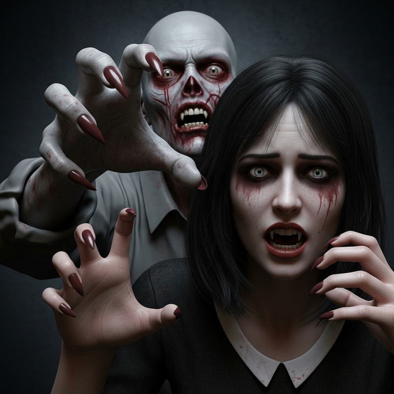 Gruesome Zombie with Sharp Manicure Chasing Woman in Dark Room