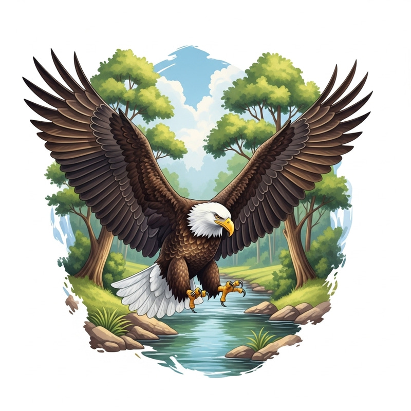 Beautiful Bald Eagle Watercolor Art | Majestic Forest Stream Scene