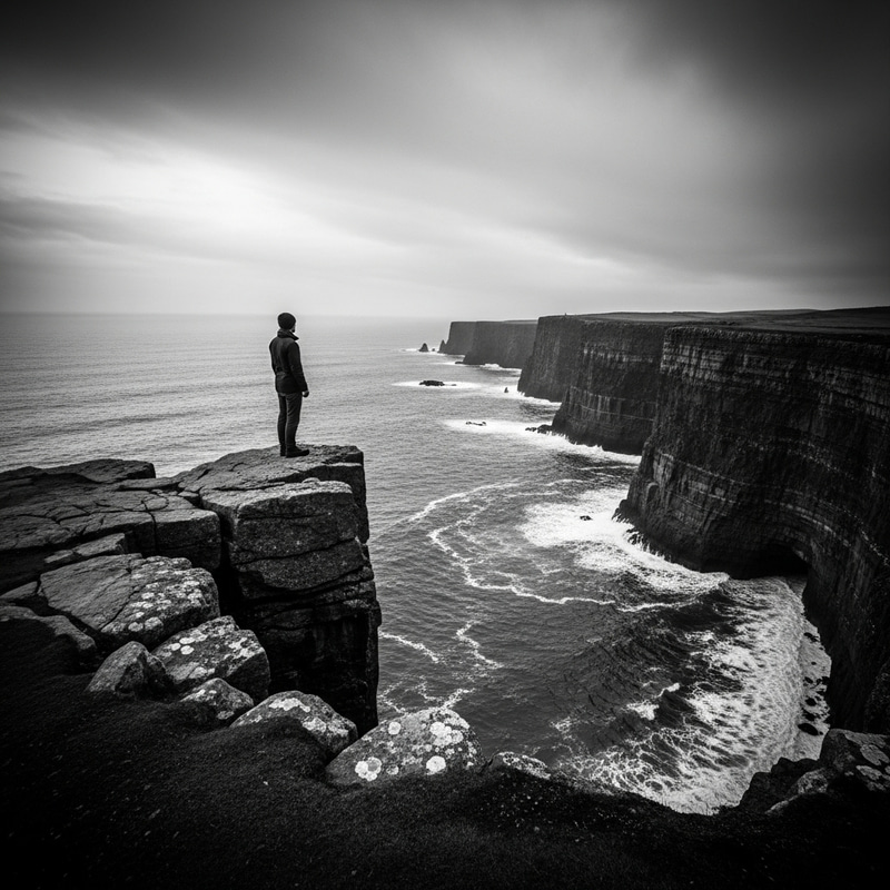 Existential Contemplation on Rugged Cliff | Dramatic Monochrome Seascape Existential Contemplation on Rugged Cliff | Dramatic Monochrome Seascape