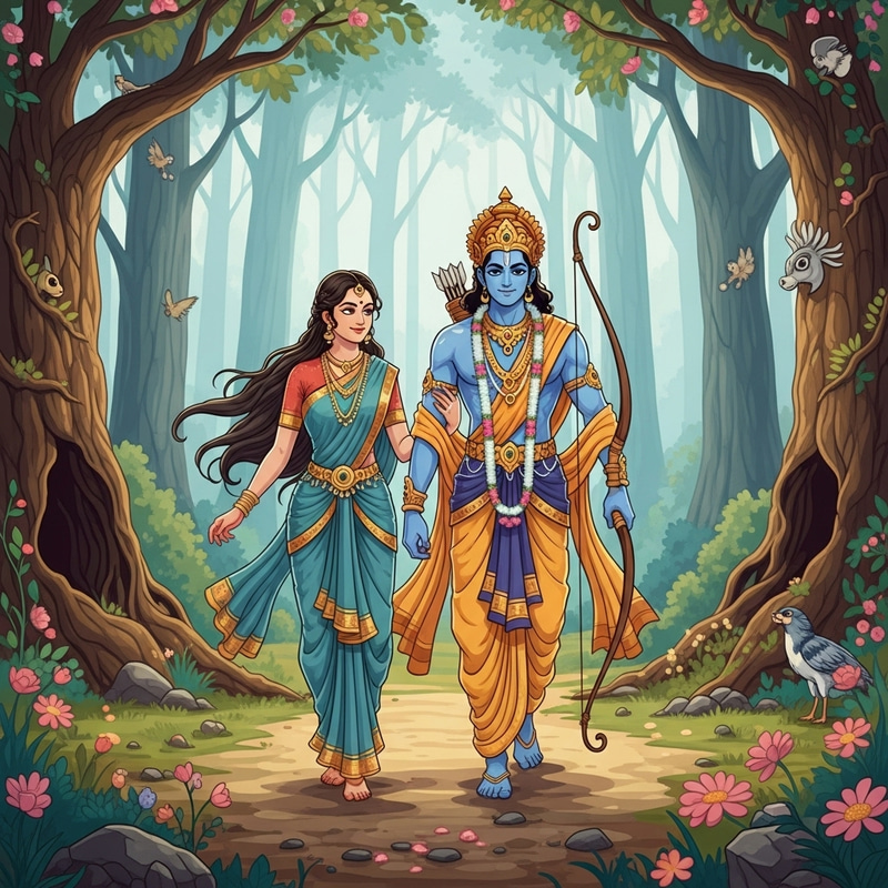 Sita and Rama Walking Through Enchanted Forest