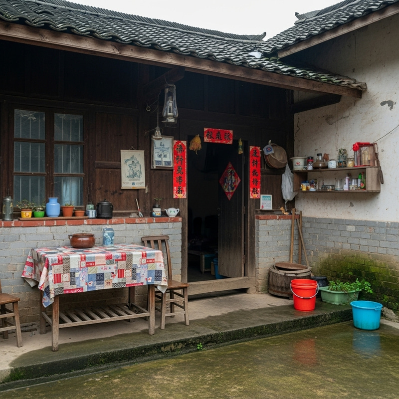 Rustic Chinese House Scene: Table Cloth, Bucket, Leaky Ceiling