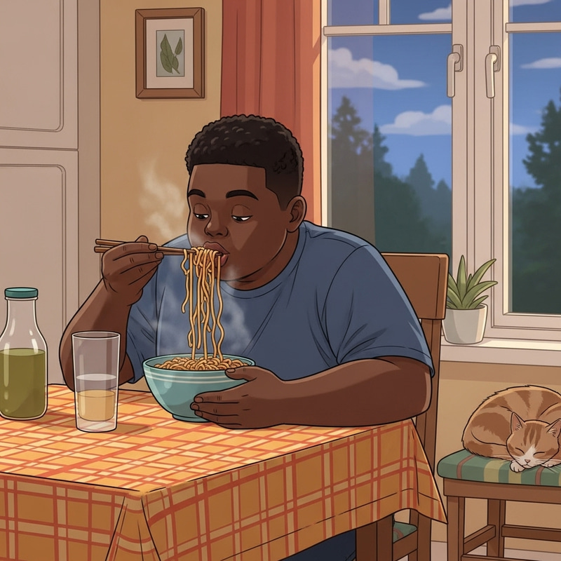 Black Teen Boy Enjoying Delicious Noodles at Home | Heartwarming Scene Black Teen Boy Enjoying Delicious Noodles at Home | Heartwarming Scene