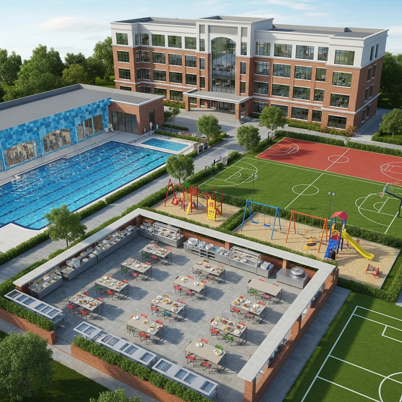 Modern School Campus with Football Field, Cafeteria, Pool & Playground Modern School Campus with Football Field, Cafeteria, Pool & Playground
