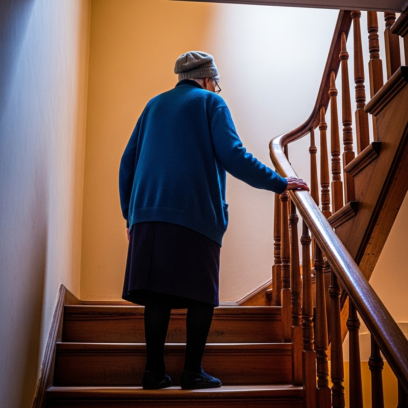 Elderly Person Climbing Colorful Staircase | Vivid Contrast Displayed Elderly Person Climbing Colorful Staircase | Vivid Contrast Displayed