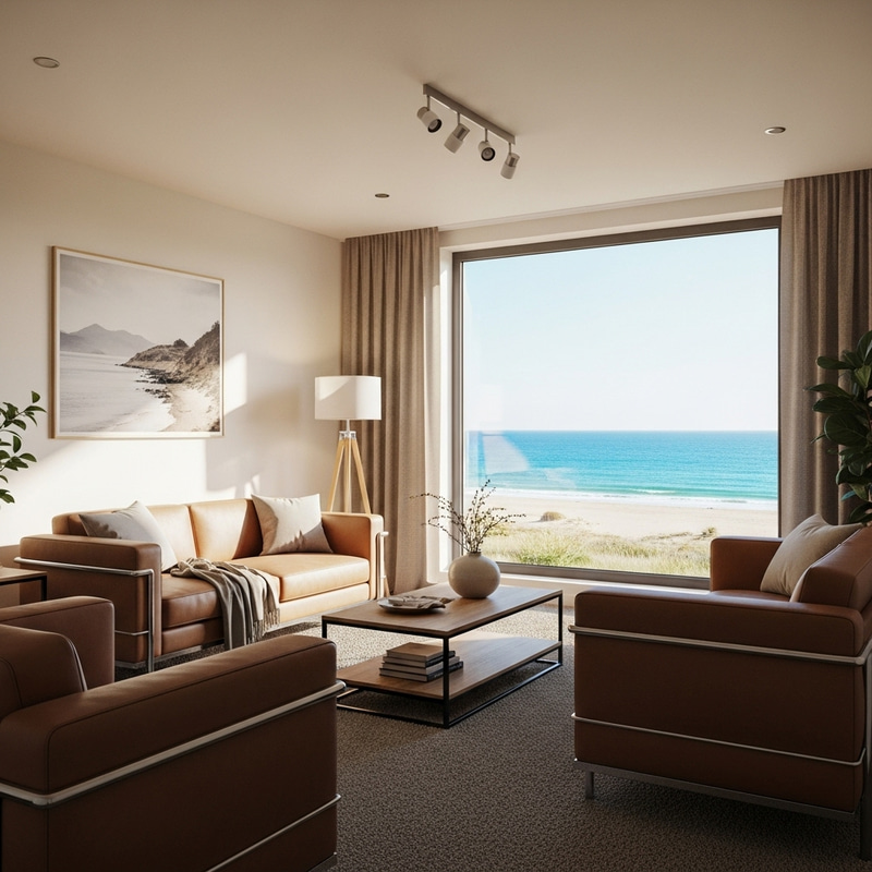 Inviting Modern Living Room with Beach View