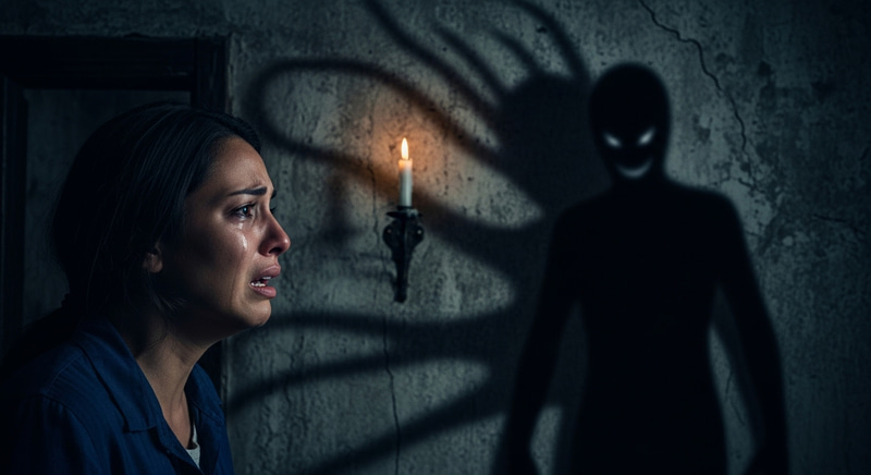 Hispanic Woman Crying in Fear Before Sinister Entity in Dark Room Hispanic Woman Crying in Fear Before Sinister Entity in Dark Room