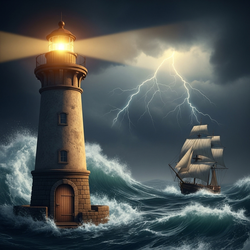 Safety Concept in Stormy Sea with Lighthouse