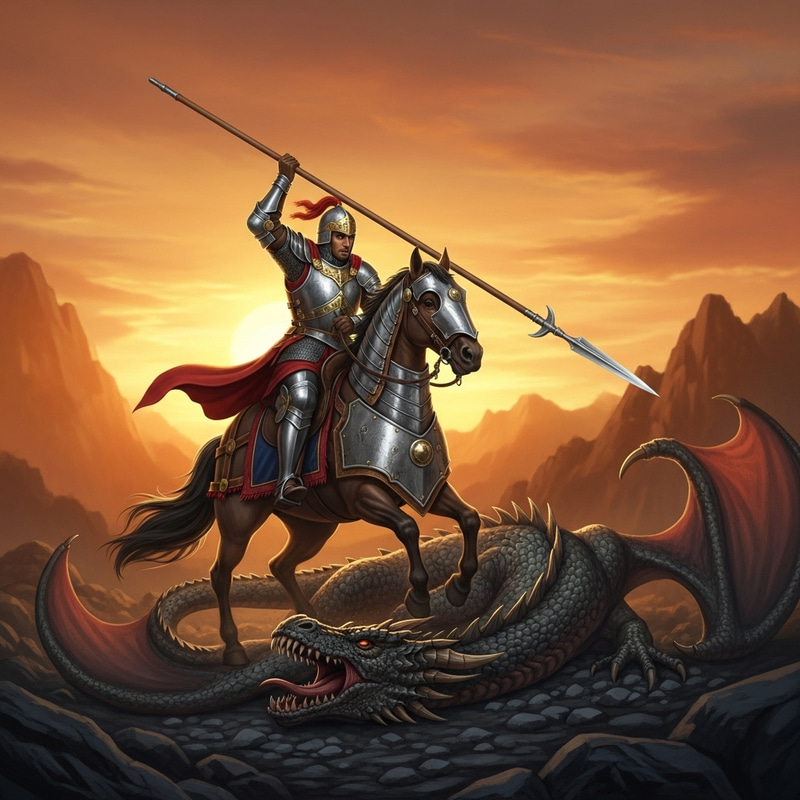 Knight on Horseback Slays Dragon with Spear