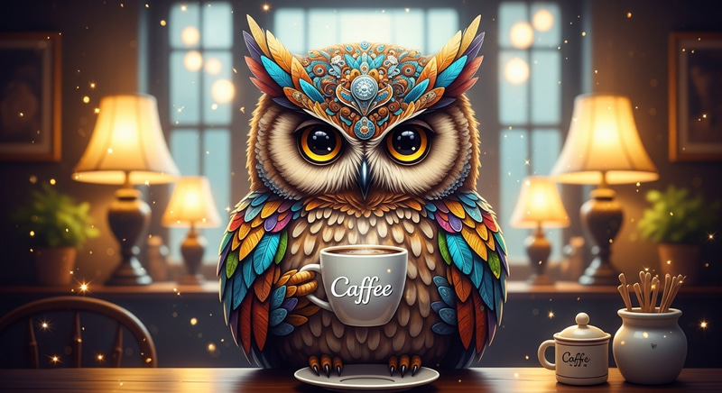 Enchanting Owl Enjoying Coffee - Sparkling Café Ambiance Enchanting Owl Enjoying Coffee - Sparkling Café Ambiance