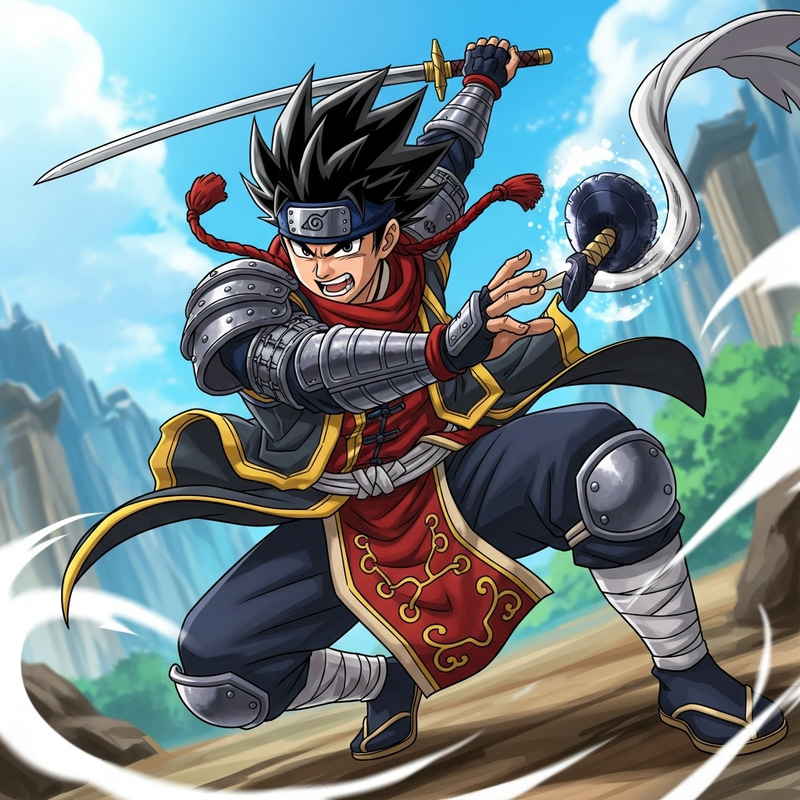 Epic Fusion Character: Spiky Hair, Vibrant Anime Scenery