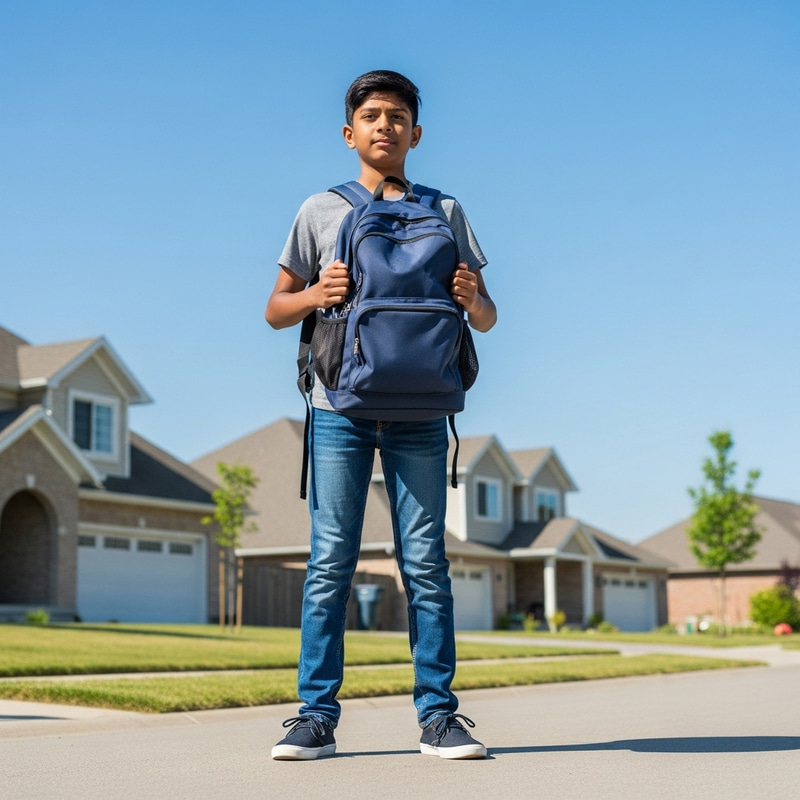 Confident South Asian Boy Standing Straight with Backpack Confident South Asian Boy Standing Straight with Backpack