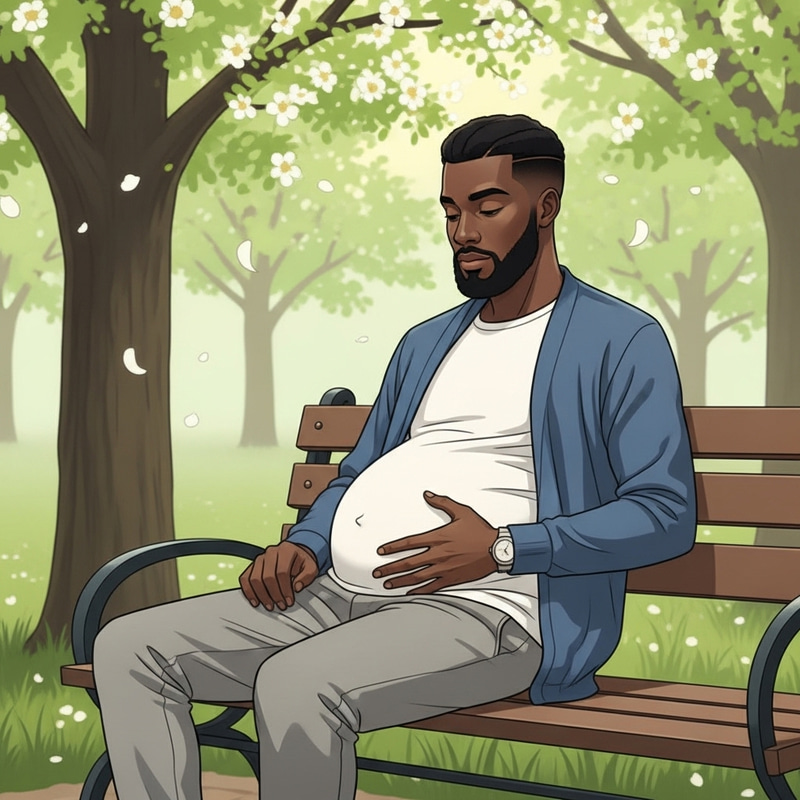 Handsome Young Man with Pregnancy Bump | Serene Park Scene Handsome Young Man with Pregnancy Bump | Serene Park Scene