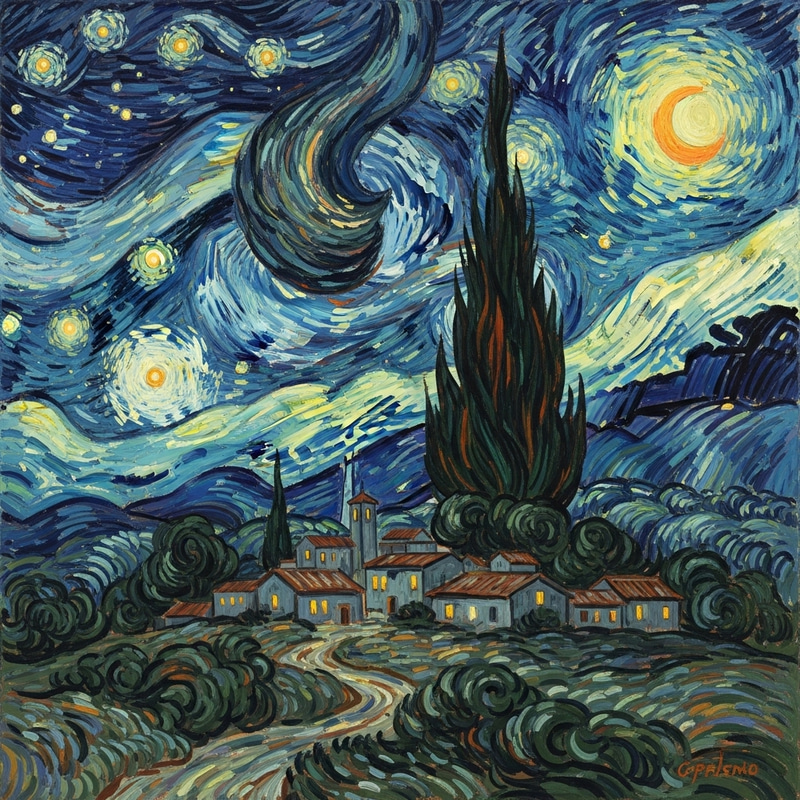 Starry Night Interpretation: Swirling Sky & Glowing Stars Starry Night Interpretation: Swirling Sky & Glowing Stars