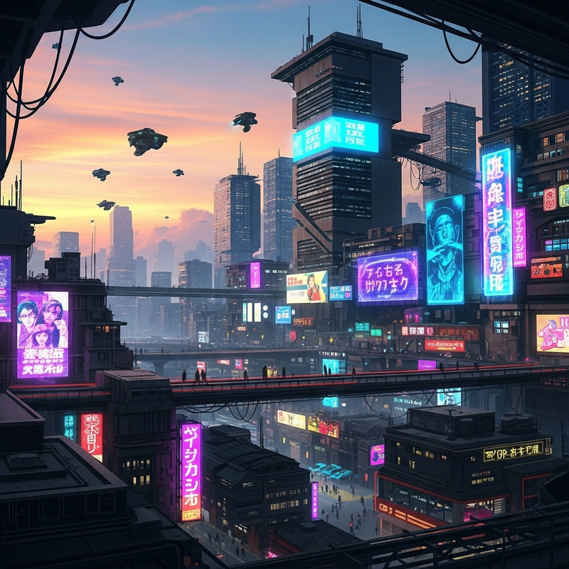 Futuristic Cyberpunk Cityscape at Sunset with Neon Lights