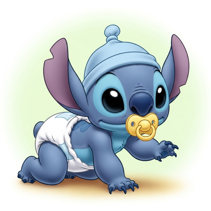 Baby Stitch Experiment 626 in Diapers and Pacifier, Newborn Baby Cap, Crawling at 1 Month