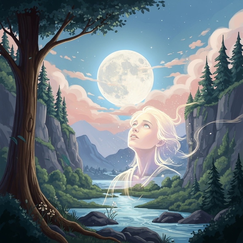 Enchanting Moonlit Landscape: Dreamy Illustration in Soft Hues Enchanting Moonlit Landscape: Dreamy Illustration in Soft Hues