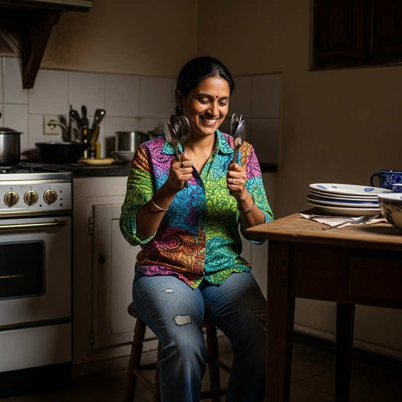 Mesmerizing South Asian Female Playing Spoons in Rustic Kitchen Mesmerizing South Asian Female Playing Spoons in Rustic Kitchen