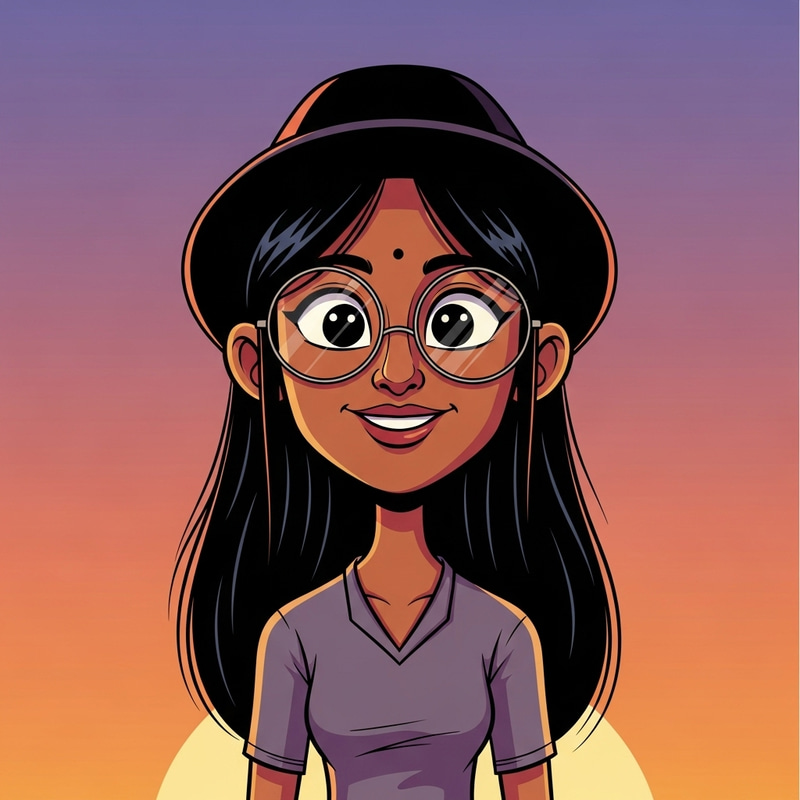 Joyful South Asian Female Cartoon Portrait in Vintage Style Joyful South Asian Female Cartoon Portrait in Vintage Style