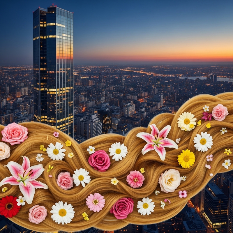 Towering Skyscraper with Fairytale Hair & Flowers Towering Skyscraper with Fairytale Hair & Flowers