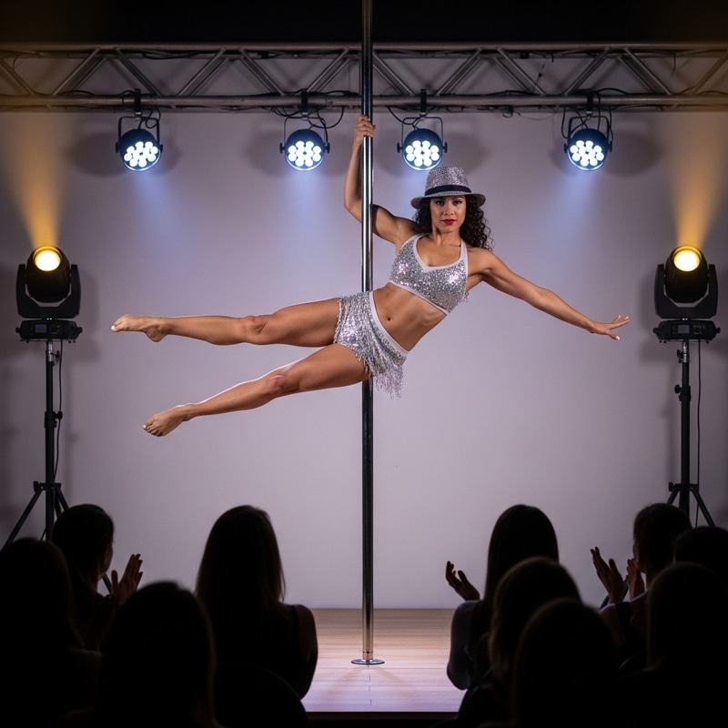 Female Stripper Dancing Elegantly on Pole in Stylish Hat Female Stripper Dancing Elegantly on Pole in Stylish Hat