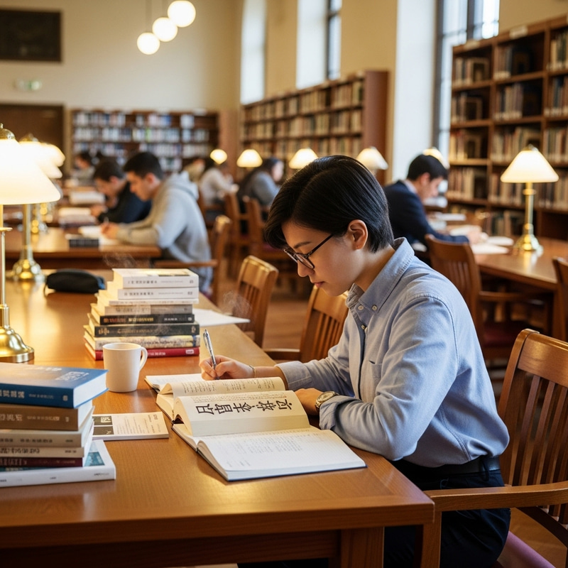 Japanese Literature Student in Library Studying Japanese Literature Student in Library Studying