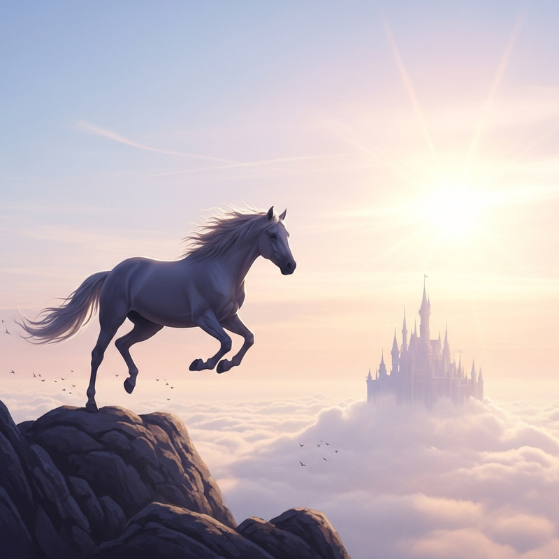 Majestic Horse Galloping Through Celestial Sky with Enchanted Castle Majestic Horse Galloping Through Celestial Sky with Enchanted Castle