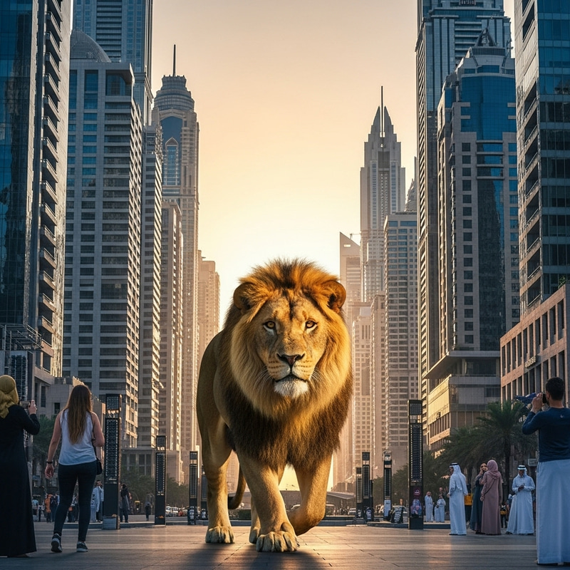 Majestic Lion Roaming Dubai Cityscape | Wildlife Art Majestic Lion Roaming Dubai Cityscape | Wildlife Art