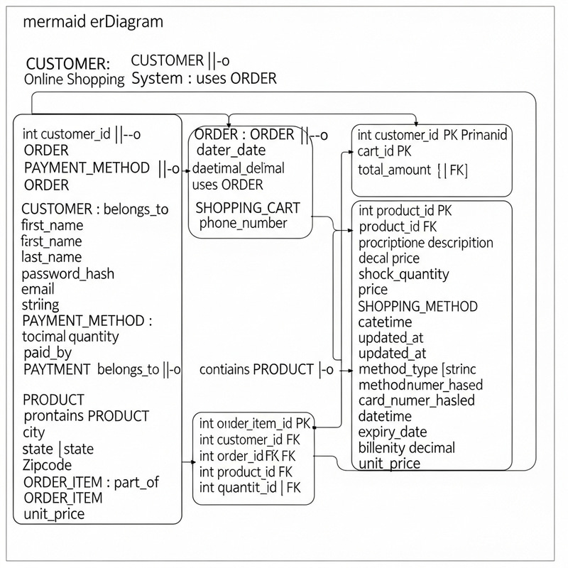 Online Shopping System ERD: Customer, Product, Order, Shopping Cart, Payment Method Online Shopping System ERD: Customer, Product, Order, Shopping Cart, Payment Method