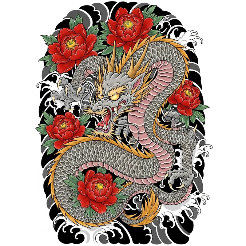 Japanese Dragon Tattoo with Red Peonies | Tatuaje estilo japonés