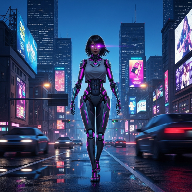 Anime Cyborg Girl Walking in City at Night | Futuristic Art Anime Cyborg Girl Walking in City at Night | Futuristic Art