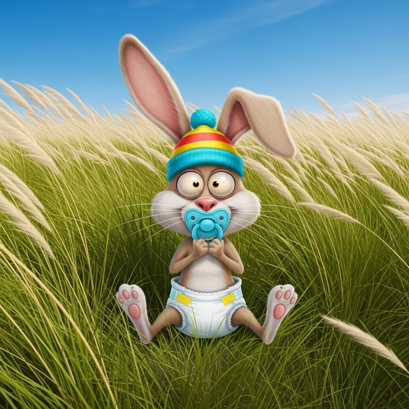 Animated Baby Rabbit in Colorful Diaper, Hat & Pacifier on Pampas Grassland