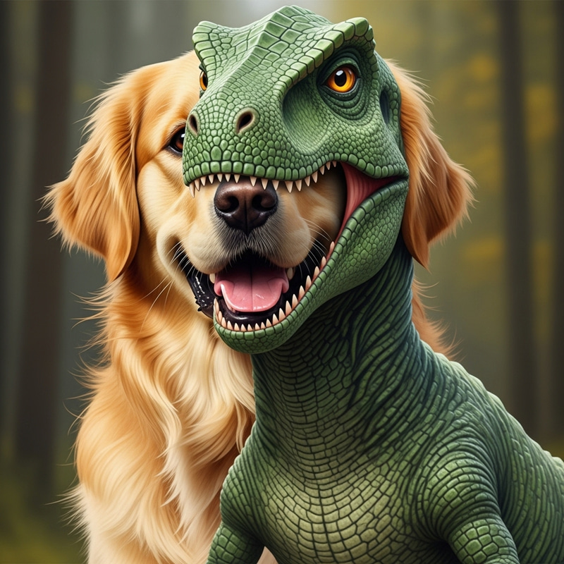 Golden Retriever and Green Dinosaur Hybrid Creature Golden Retriever and Green Dinosaur Hybrid Creature