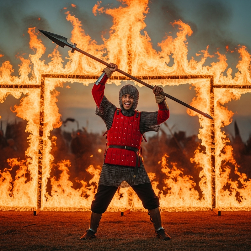 Laughing Duelist in Red Chainmail Surrounded by Fire