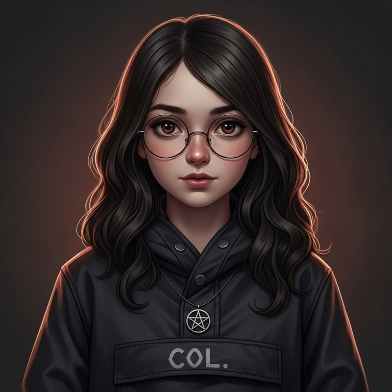 Dark Brown Hair Girl with Wavy Ends and Round Glasses