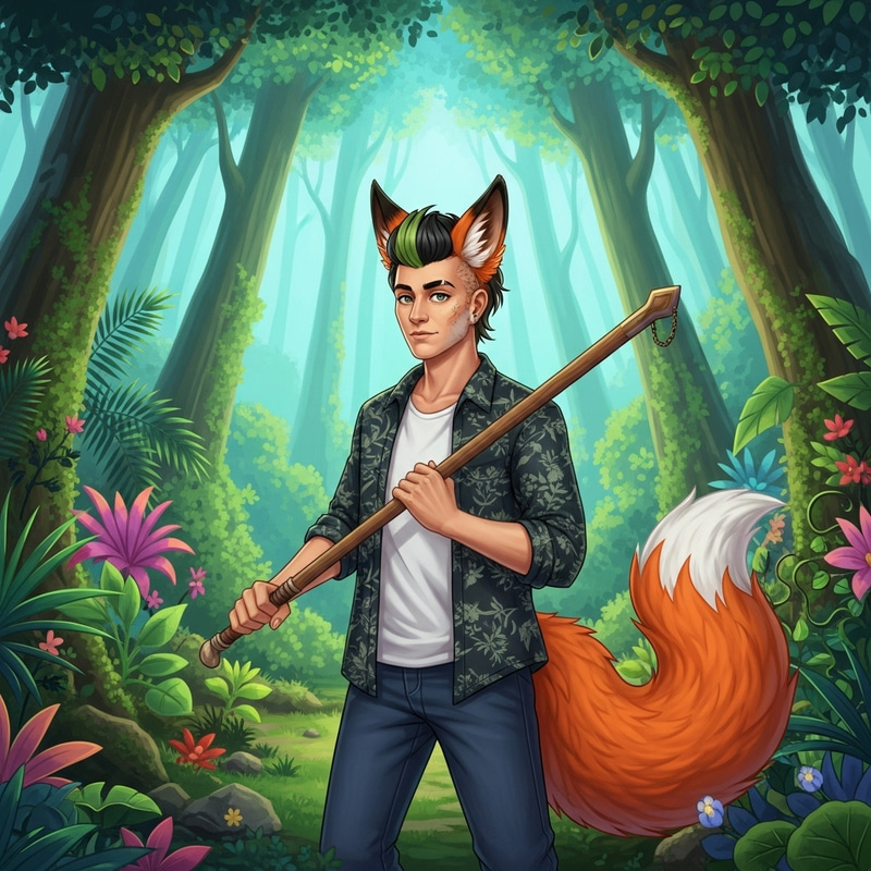 Exotic Fox Man with Black and Green Hairstyle in Tropical Forest Exotic Fox Man with Black and Green Hairstyle in Tropical Forest