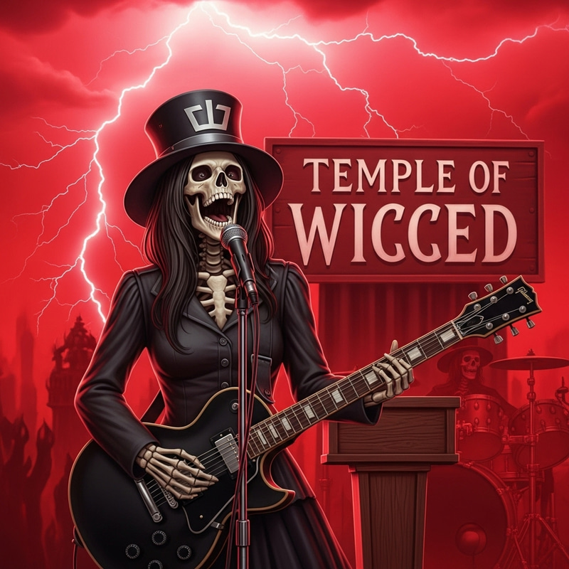 Fierce Female Skeleton Preacher Rocks Black Guitar at Temple of Wicced Fierce Female Skeleton Preacher Rocks Black Guitar at Temple of Wicced