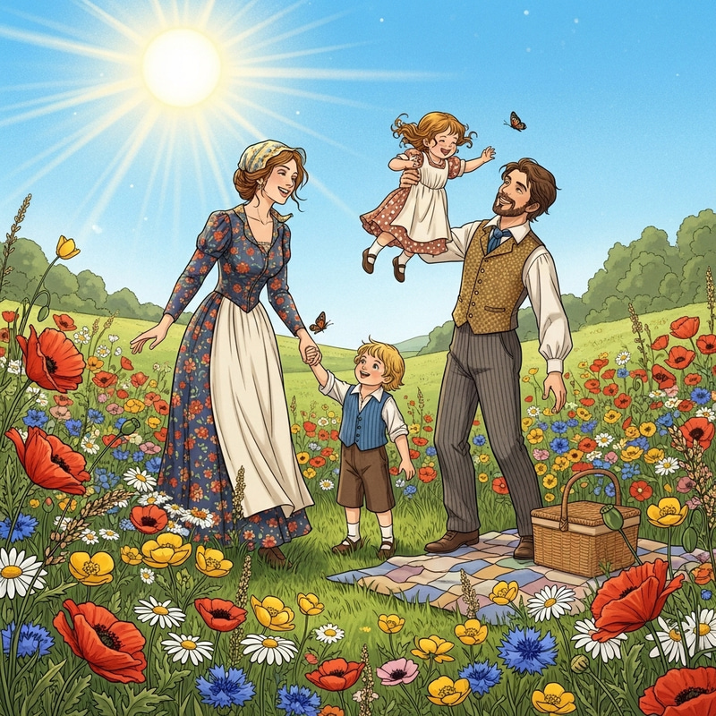 Happy Family Enjoying Time in Colorful Flower Field Happy Family Enjoying Time in Colorful Flower Field