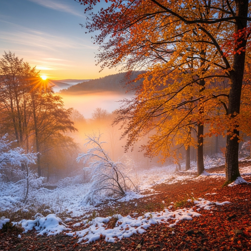 Autumn Dawn Landscape with Trees, Leaves, Light Mist, and Snow Autumn Dawn Landscape with Trees, Leaves, Light Mist, and Snow